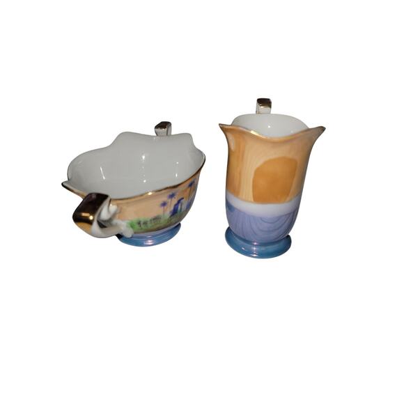 Noritake "M" Series 1930's Fine China Tropical Blue & Gold Trim Sugar & Creamer - Picture 6 of 9